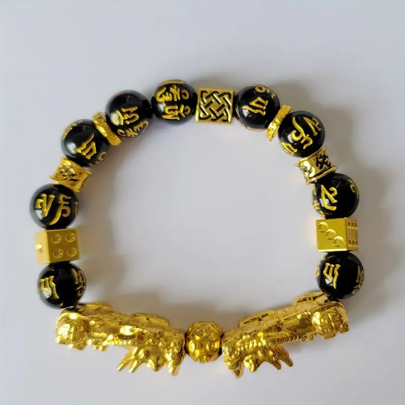 Golden Pixiu Feng Shui Black Obsidian Wealth Bracelet Pixiu Ring