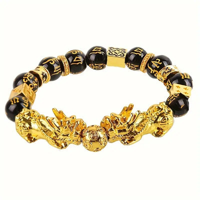 Golden Pixiu Feng Shui Black Obsidian Wealth Bracelet Pixiu Ring