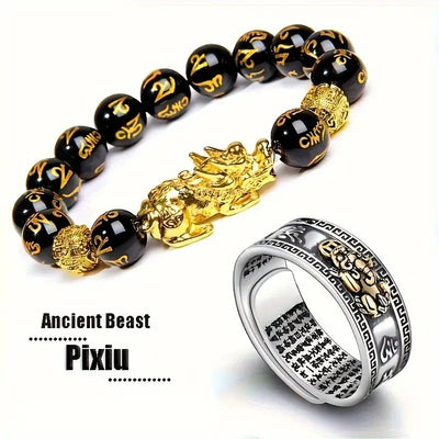 Golden Pixiu Feng Shui Black Obsidian Wealth Bracelet Pixiu Ring