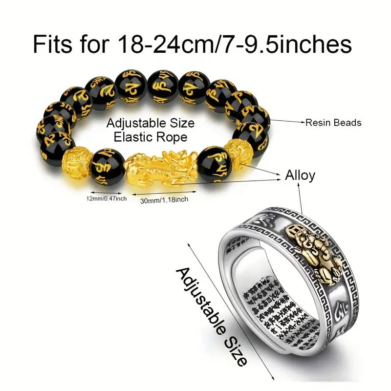 Golden Pixiu Feng Shui Black Obsidian Wealth Bracelet Pixiu Ring