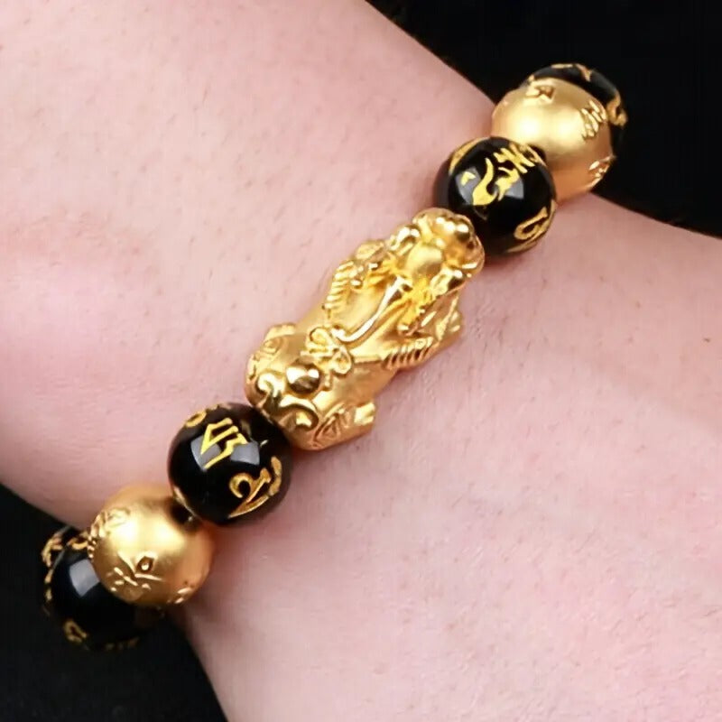 Golden Pixiu Feng Shui Black Obsidian Wealth Bracelet Pixiu Ring