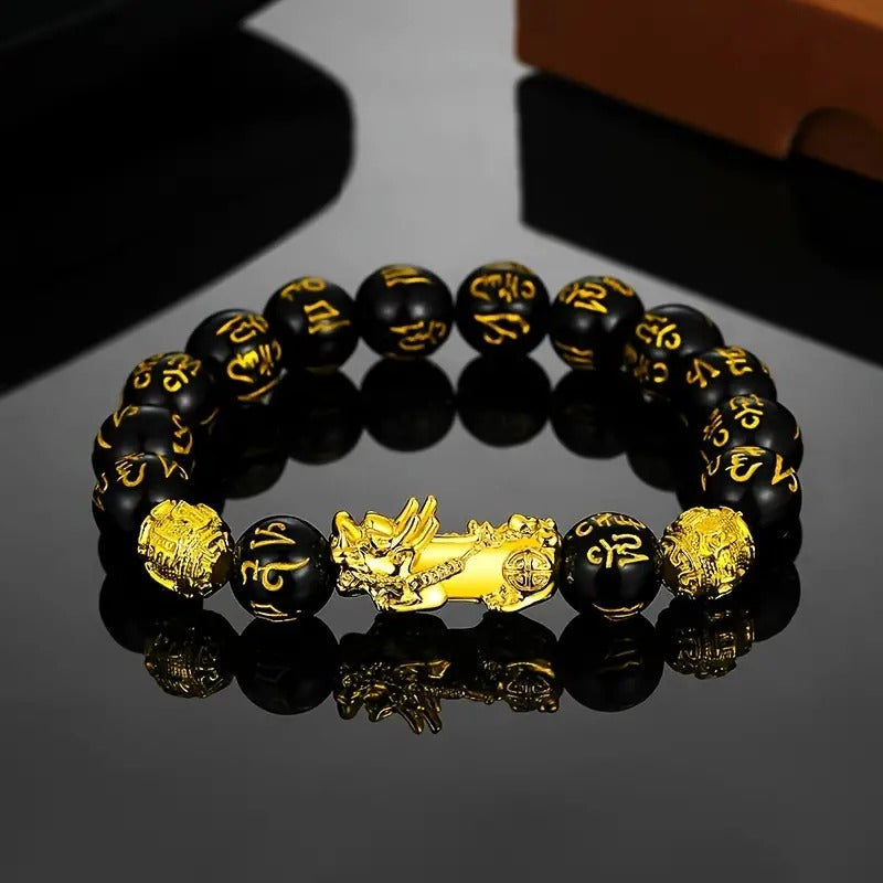 Golden Pixiu Feng Shui Black Obsidian Wealth Bracelet Pixiu Ring