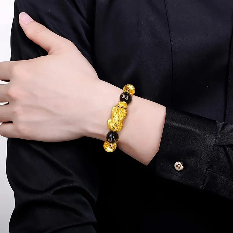 Golden Pixiu Feng Shui Black Obsidian Wealth Bracelet Pixiu Ring