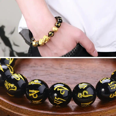 Golden Pixiu Feng Shui Black Obsidian Wealth Bracelet Pixiu Ring