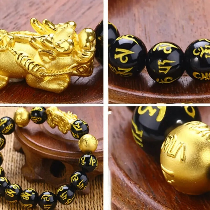 Golden Pixiu Feng Shui Black Obsidian Wealth Bracelet Pixiu Ring