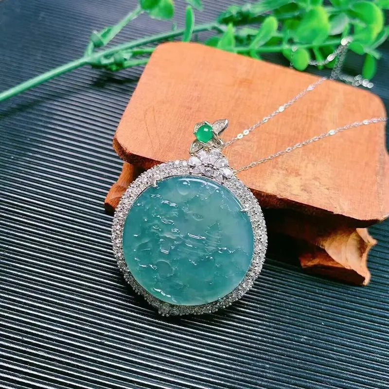 Natural Emerald As925 Silver Inlay Blue Water round Landscape Necklace Jade Pendant Source