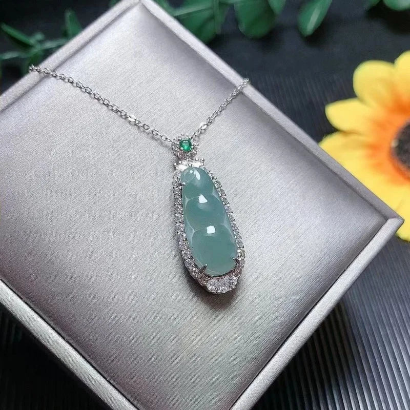 Natural dangerous material Blue Water Jade sauteed green beans Fu Dou pendant copper Jade women's fashion pendant