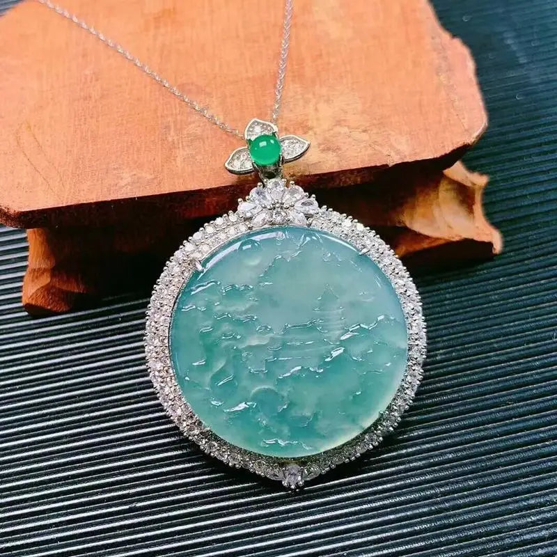 Natural Emerald As925 Silver Inlay Blue Water round Landscape Necklace Jade Pendant Source