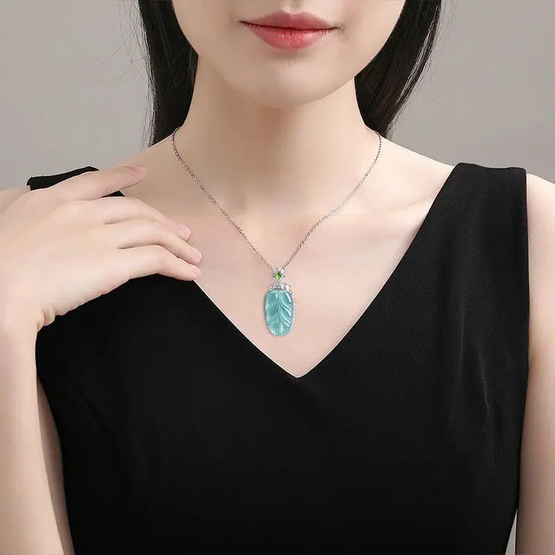 [With Certificate] Natural a Blue Water Leaves S925 Silver InlayJade Stone Pendant Women's New Style