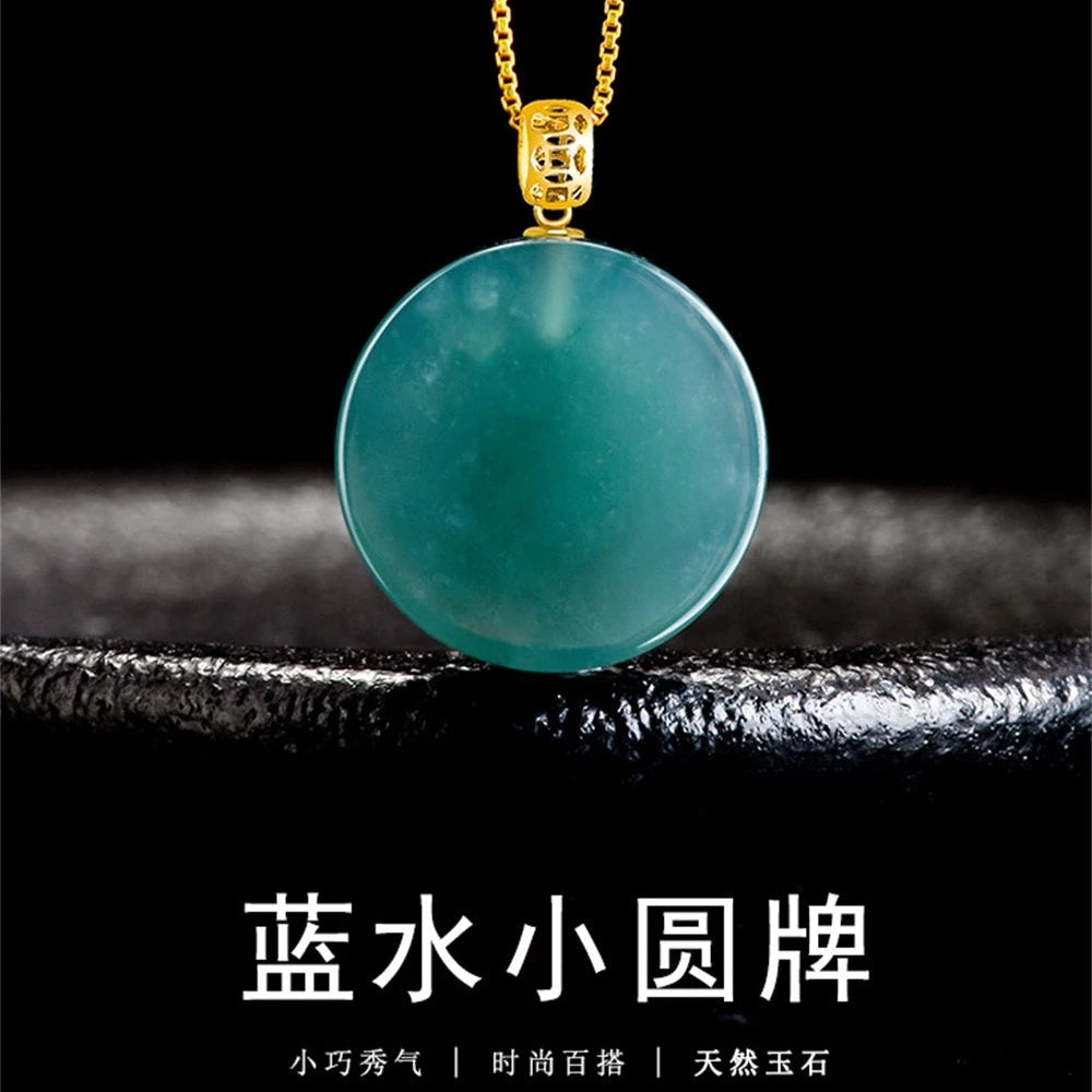 Natural A Goods Jade 18K Gold Buckle Blue Water Small Round Brand Jade Pendant No Matter Brand Ice Type Pendant Women's Simple
