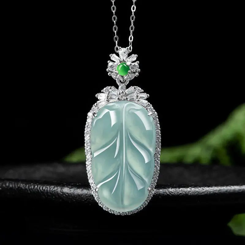 [With Certificate] Natural a Blue Water Leaves S925 Silver InlayJade Stone Pendant Women's New Style