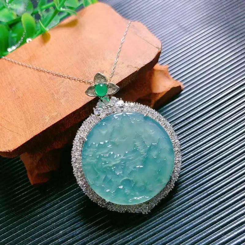 Natural Emerald As925 Silver Inlay Blue Water round Landscape Necklace Jade Pendant Source