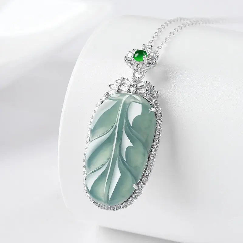 [With Certificate] Natural a Blue Water Leaves S925 Silver InlayJade Stone Pendant Women's New Style