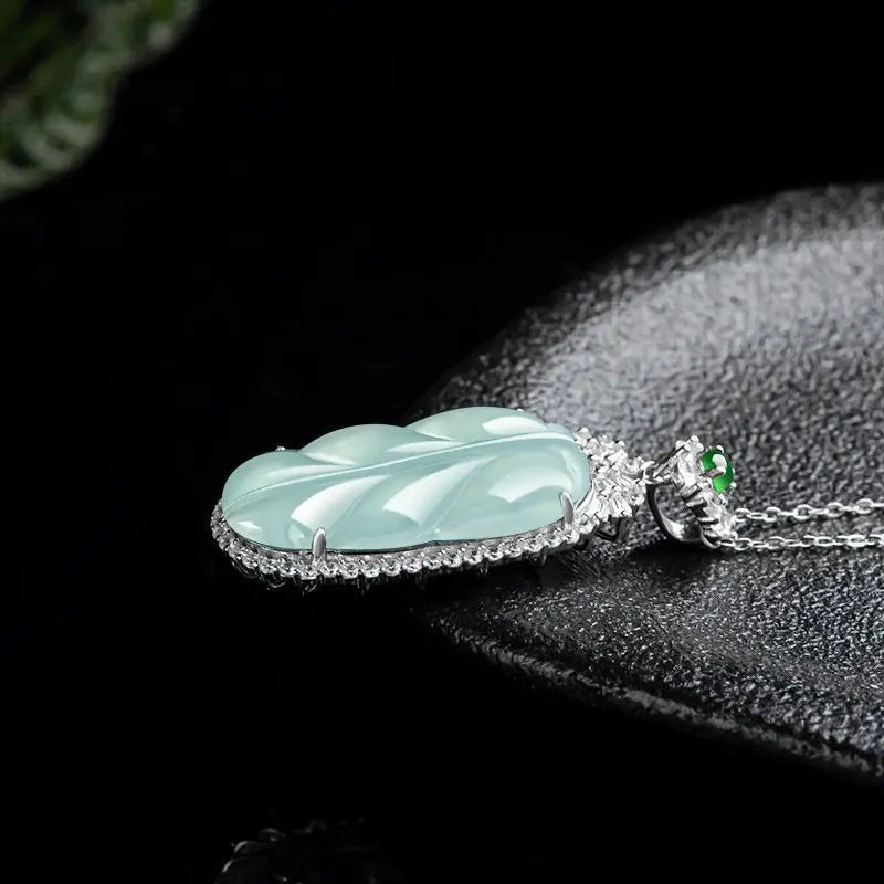 [With Certificate] Natural a Blue Water Leaves S925 Silver InlayJade Stone Pendant Women's New Style