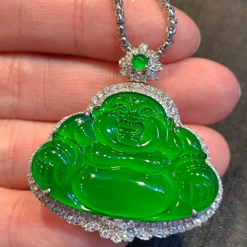 [With Certificate] Ice-like Positive Buddha Emerald Pendant 18K Gold Inlaid Myanmar Natural a Cargo Emperor Green Full