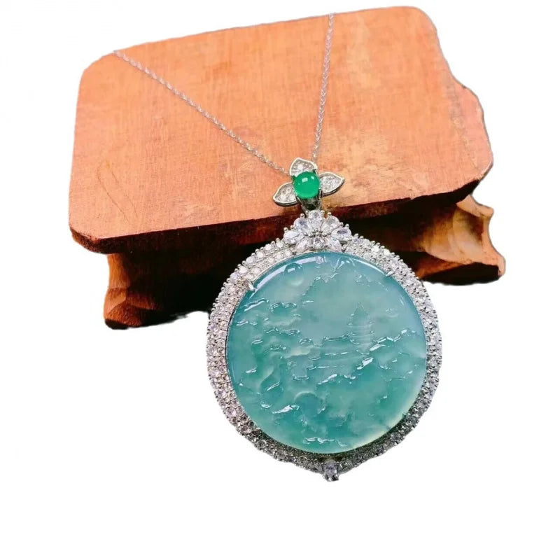 Natural Emerald As925 Silver Inlay Blue Water round Landscape Necklace Jade Pendant Source