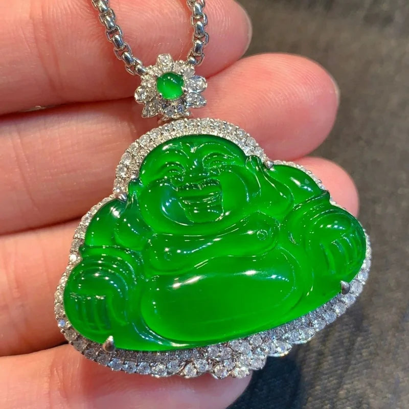 [With Certificate] Ice-like Positive Buddha Emerald Pendant 18K Gold Inlaid Myanmar Natural a Cargo Emperor Green Full