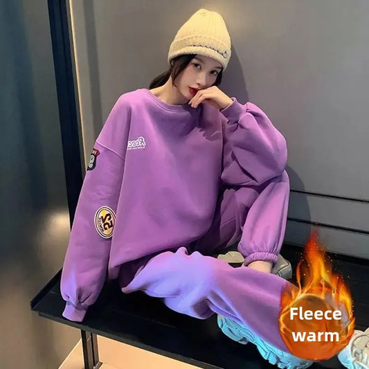 Fleece-lined Thickened Women's Sport Suit Casual 2-piece Set Loose-fit Sweatshirt Pullover Hooded Jacket Autumn Winter Fashion