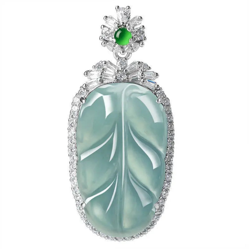 [With Certificate] Natural a Blue Water Leaves S925 Silver InlayJade Stone Pendant Women's New Style