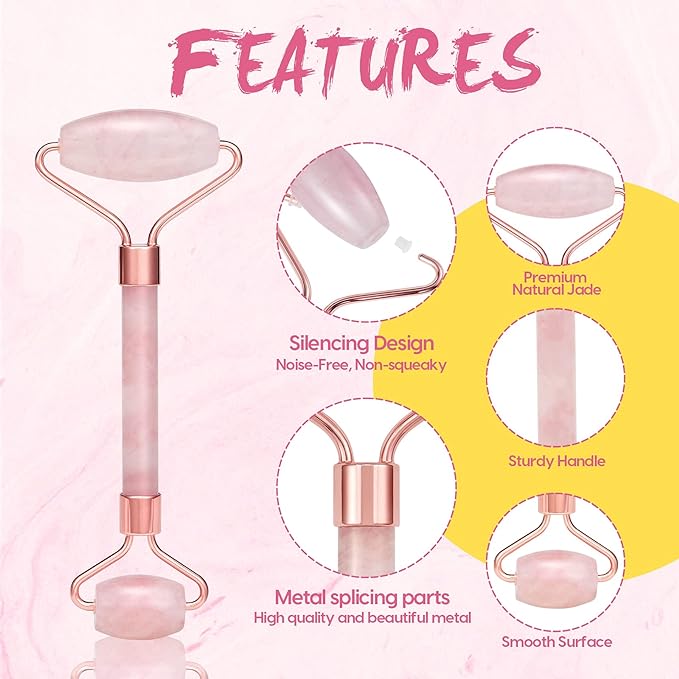 Luxurious Rose Quartz Facial Roller and Gua Sha Set - Cooling, De-Puffing Beauty Tools for Face and Body Massage