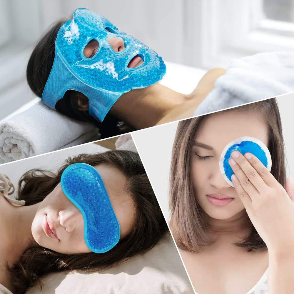 Face & Eye Ice Pack for Women Man, Gel Beads Cooling Face Mask, Reusable Hot and Cold Compress Therapy Facial Eye Pack with Soft Plush Backing for Puffy Eyes, Migraines, Headaches, Pain Relief 2pcs