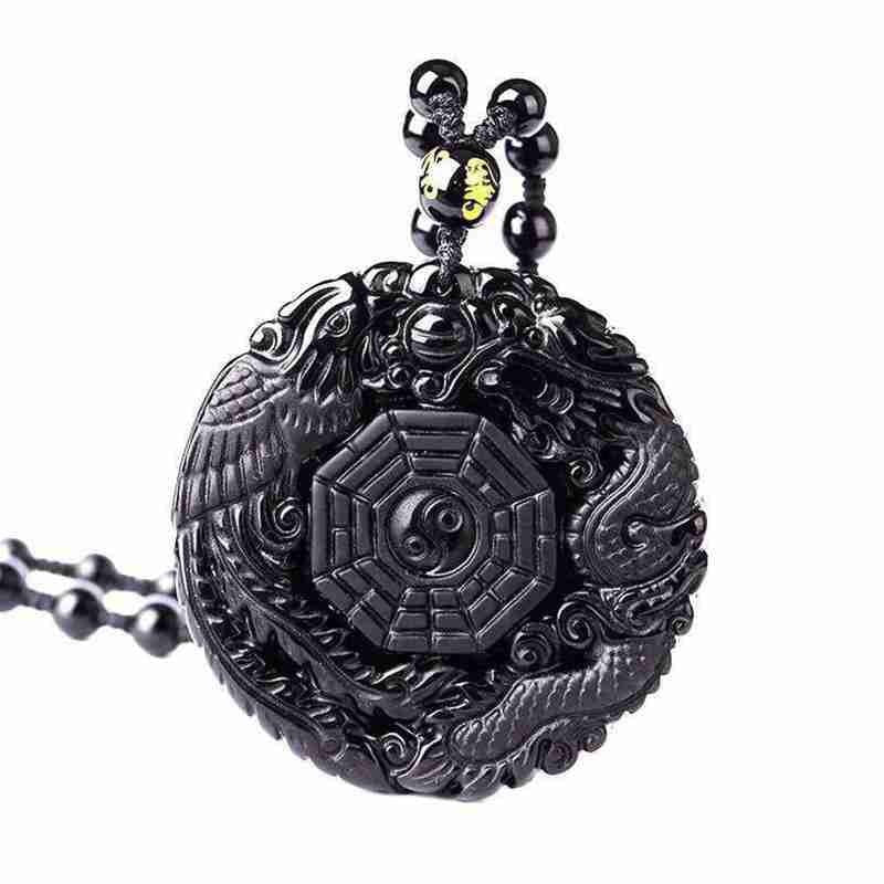 Classic Vintage Black Stone Carved Gossip Dragon Phoenix Pattern Pendant Necklace for Men Trend Amulet Necklace Jewelry