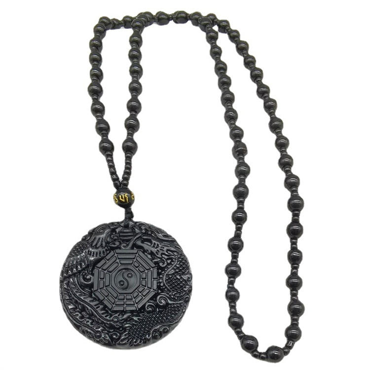 Synthetic Obsidian Carved Dragon Phoenix Stone Lucky Tai Ji Bagua Bead Amulet Pendant Necklace