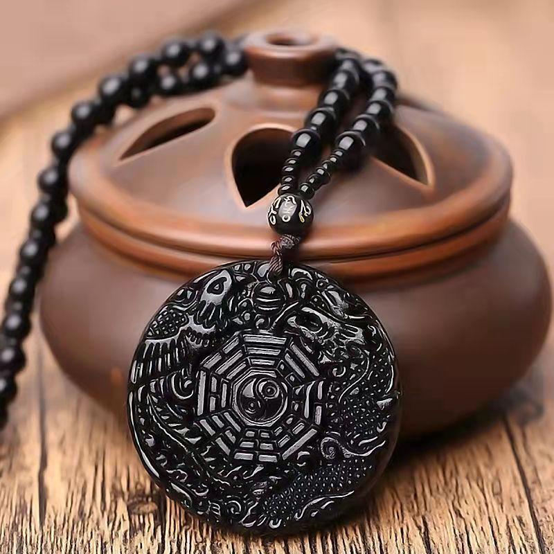 Classic Vintage Black Stone Carved Gossip Dragon Phoenix Pattern Pendant Necklace for Men Trend Amulet Necklace Jewelry