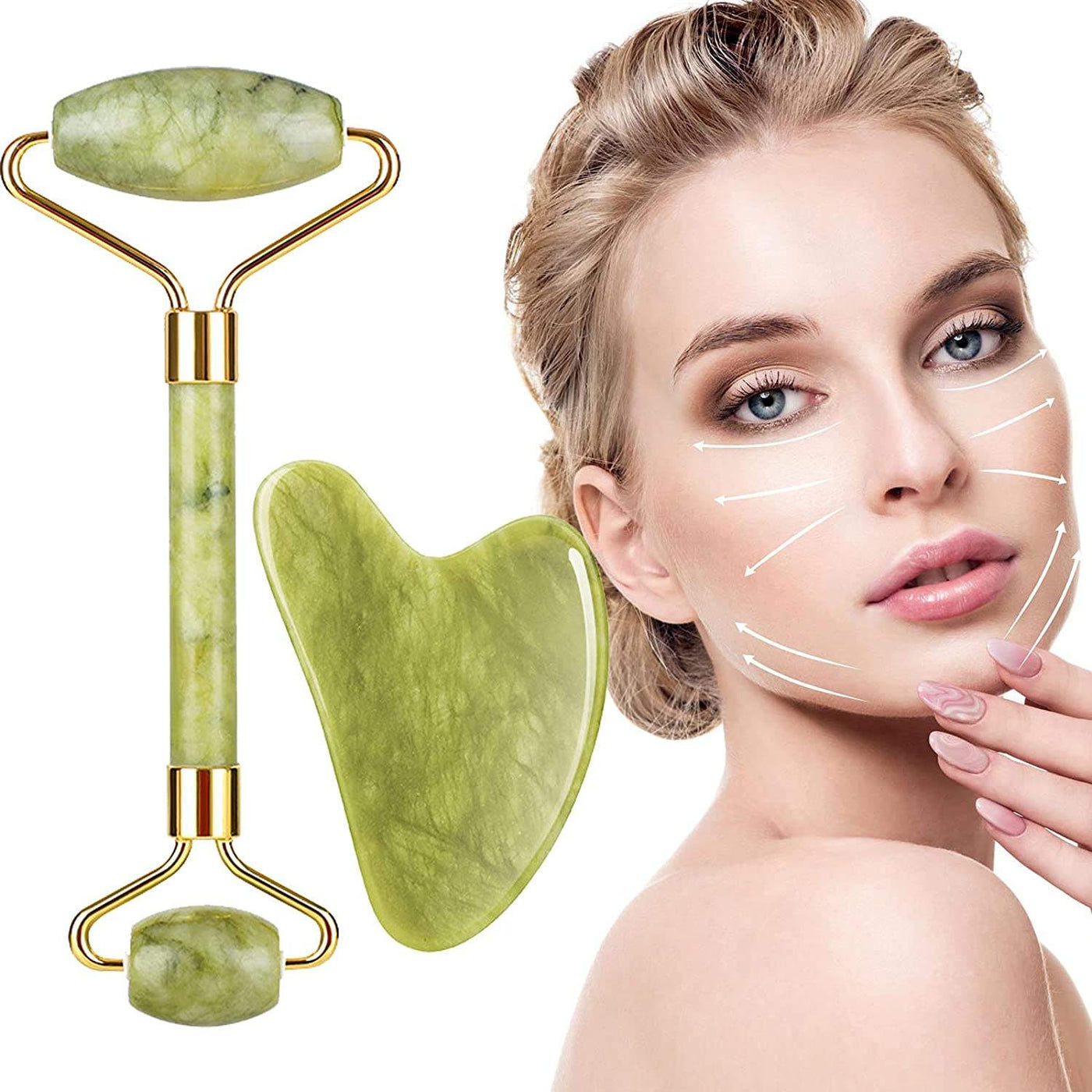 Jade Roller & Gua Sha Set Face Roller and Gua Sha Facial Tools for Skin Care Routine and Puffiness-Green