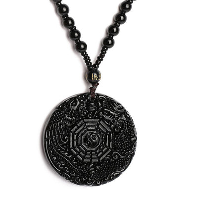 Synthetic Obsidian Carved Dragon Phoenix Stone Lucky Tai Ji Bagua Bead Amulet Pendant Necklace