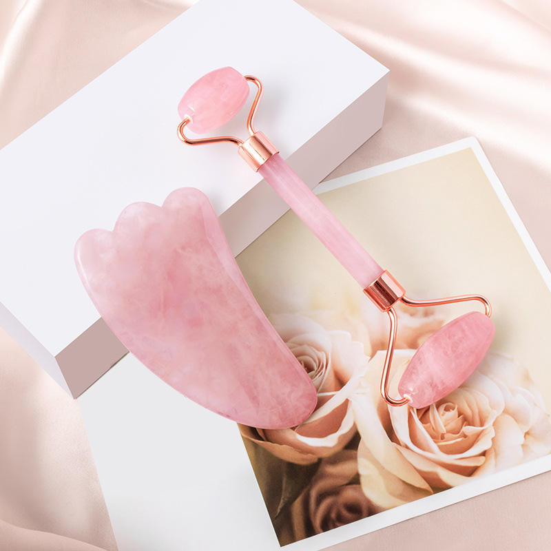 Luxurious Rose Quartz Facial Roller and Gua Sha Set - Cooling, De-Puffing Beauty Tools for Face and Body Massage