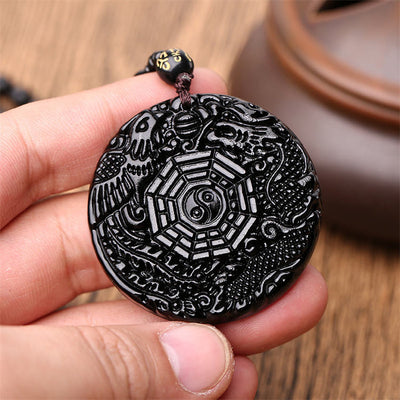Synthetic Obsidian Carved Dragon Phoenix Stone Lucky Tai Ji Bagua Bead Amulet Pendant Necklace