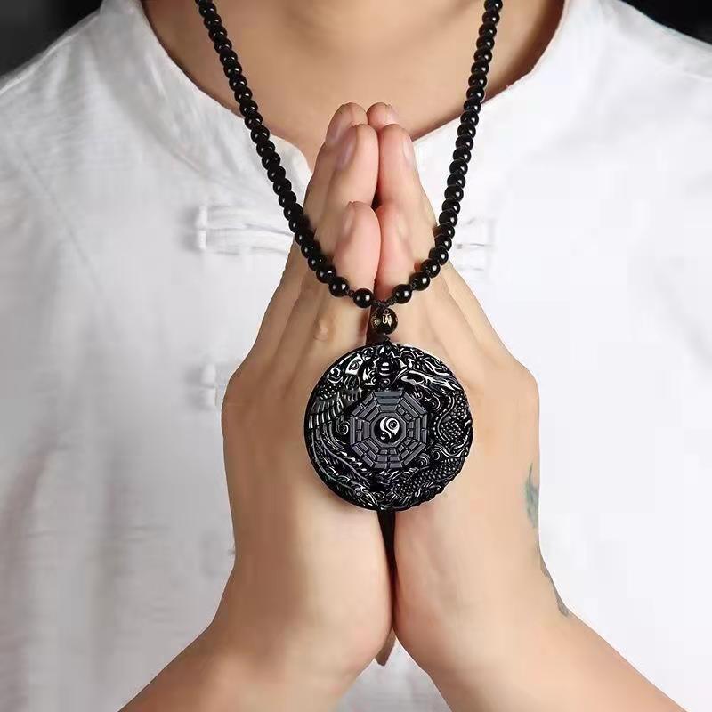 Classic Vintage Black Stone Carved Gossip Dragon Phoenix Pattern Pendant Necklace for Men Trend Amulet Necklace Jewelry