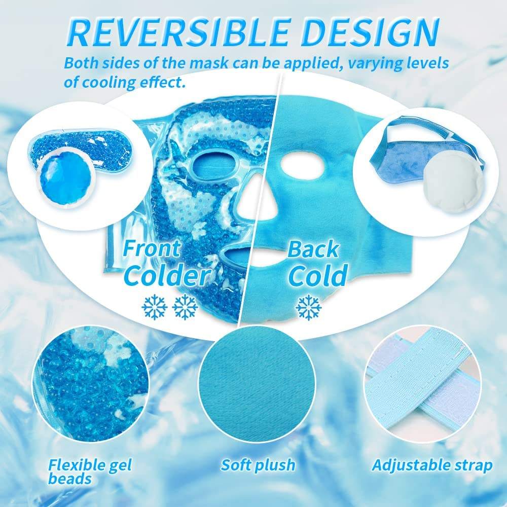 Face & Eye Ice Pack for Women Man, Gel Beads Cooling Face Mask, Reusable Hot and Cold Compress Therapy Facial Eye Pack with Soft Plush Backing for Puffy Eyes, Migraines, Headaches, Pain Relief 2pcs