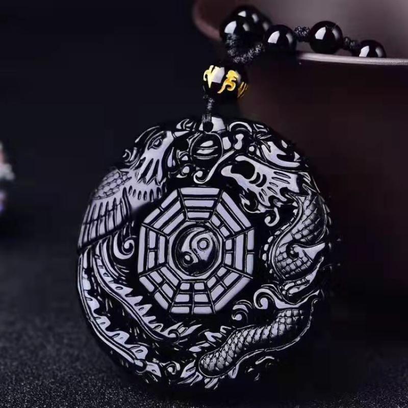 Classic Vintage Black Stone Carved Gossip Dragon Phoenix Pattern Pendant Necklace for Men Trend Amulet Necklace Jewelry