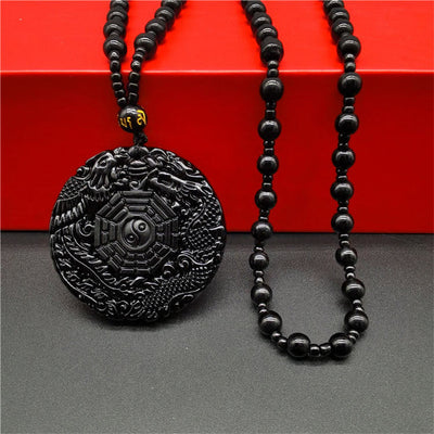 Synthetic Obsidian Carved Dragon Phoenix Stone Lucky Tai Ji Bagua Bead Amulet Pendant Necklace