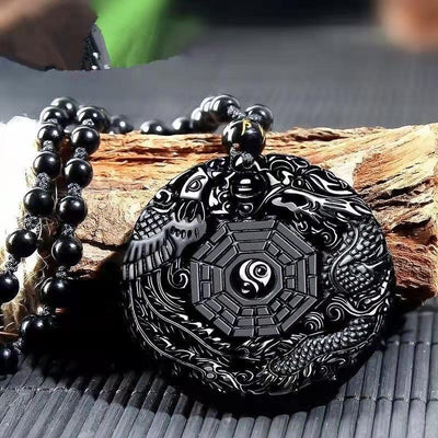 Classic Vintage Black Stone Carved Gossip Dragon Phoenix Pattern Pendant Necklace for Men Trend Amulet Necklace Jewelry