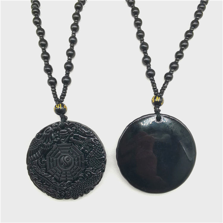 Synthetic Obsidian Carved Dragon Phoenix Stone Lucky Tai Ji Bagua Bead Amulet Pendant Necklace