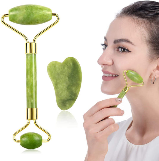 Jade Roller & Gua Sha Set Face Roller and Gua Sha Facial Tools for Skin Care Routine and Puffiness-Green