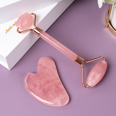 Luxurious Rose Quartz Facial Roller and Gua Sha Set - Cooling, De-Puffing Beauty Tools for Face and Body Massage