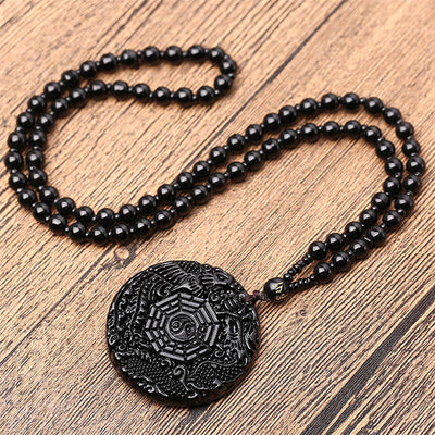 Synthetic Obsidian Carved Dragon Phoenix Stone Lucky Tai Ji Bagua Bead Amulet Pendant Necklace