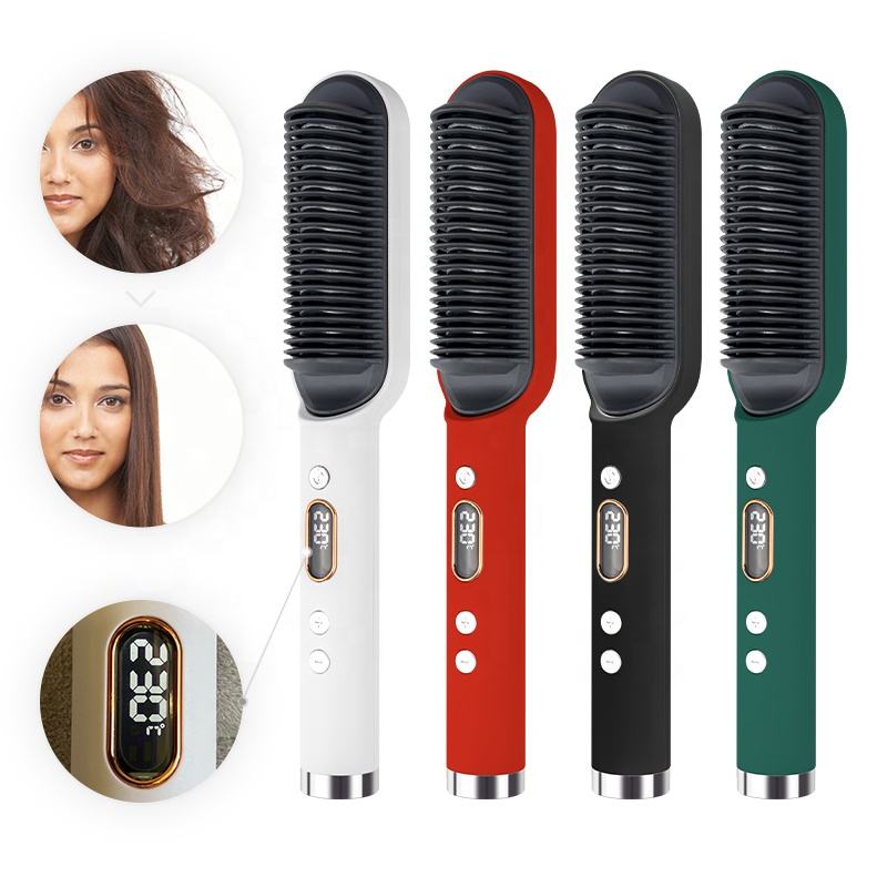 Home Use Professional Electric Flat Iron LCD Display Fast Ceramic Multi-function Hair Straightening Brush Hot Air Brush Hair Straightener Comb with LED